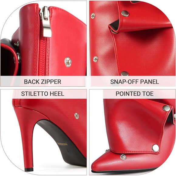 Women's Red Pu Detachable Snap Off Pointed Toe Shark Knee High Heels Boots - Picture 6 of 6